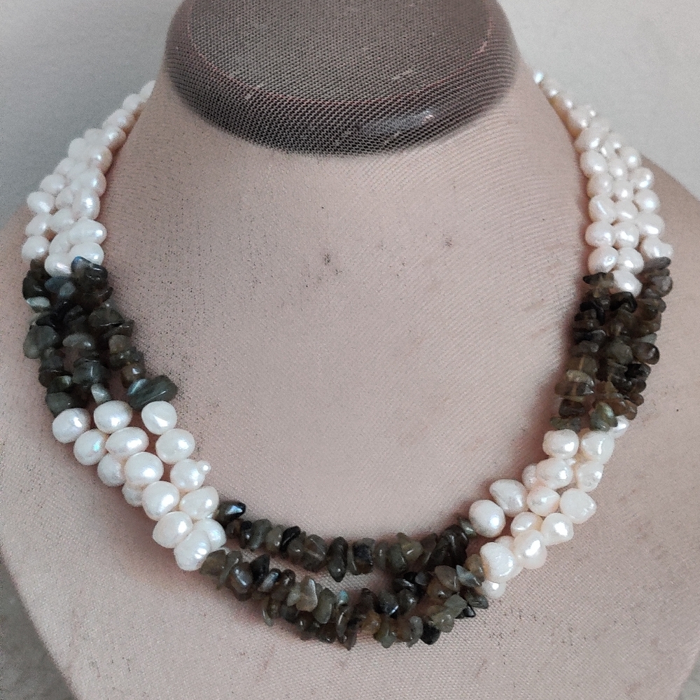Genuine Cultured pearls triple strand necklace 14KGF clasp